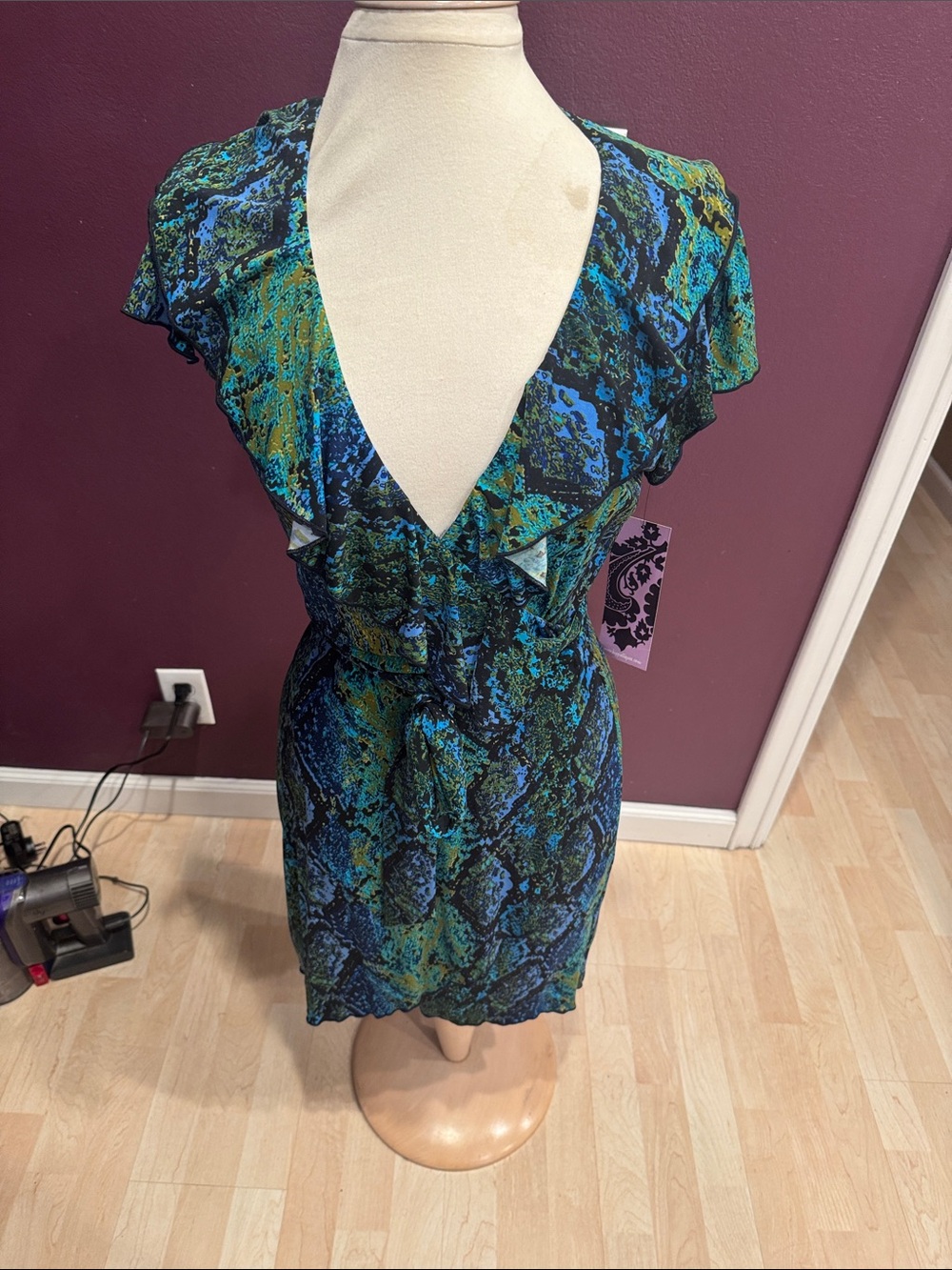 Draped V-Neck Mini Dress in Blue & Green Snake Print - Picture 3 of 5